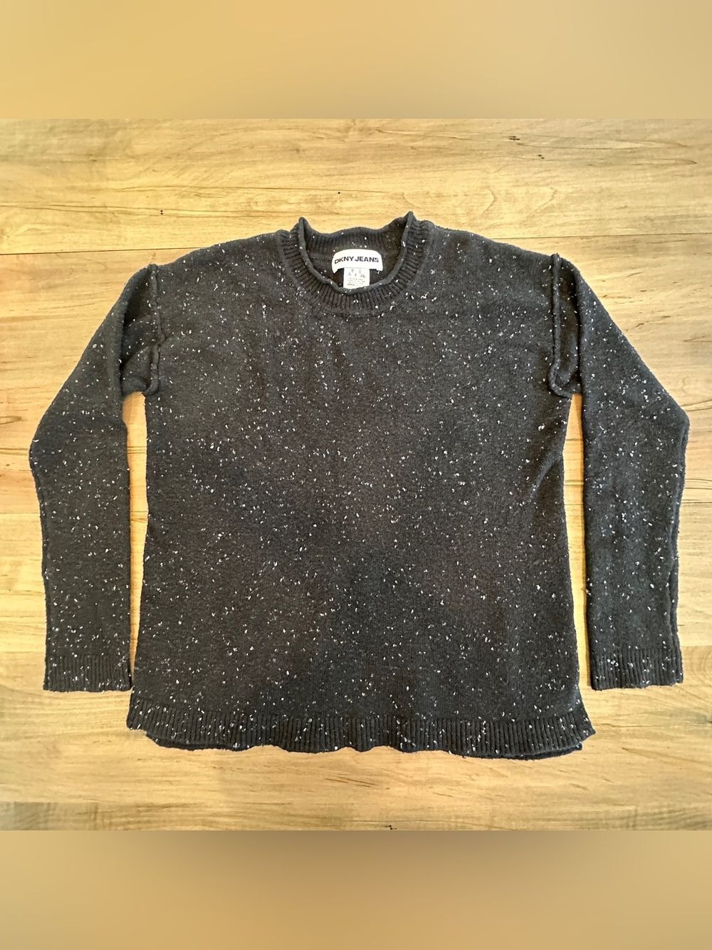 DKNY Jeans Black Speckled Marled Knit Crewneck Sweater Size Small